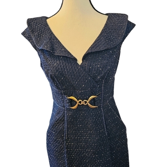 Kay Unger tweed cocktail formal special occasion navy-blue short sleeves dress 2 - Picture 5 of 10